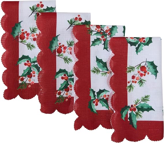 Newbridge Christmas Natures Poinsettia Scalloped Fabric Holiday Napkins, Holly, Berries and Evergreen Border with Red Trim, Set of 4 Reusable Cloth Napkins