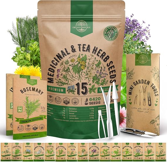 Organo Republic 15 Medicinal & Tea Herb Seeds Variety Pack 6,420+ Non-GMO Heirloom Garden Seeds for Indoor & Outdoors, Including Anise, Borage, Cilantro, Chamomile, Dandelion, Rosemary Seeds