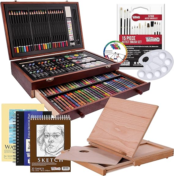U.S. Art Supply 163-Piece Mega Wood Box Artist Kit with Easel, Painting, Drawing & Art Supplies for Adults - Watercolors, Oil Pastels, Pencils, Crayons & Brushes - Art Kit for Adults, Gift Set