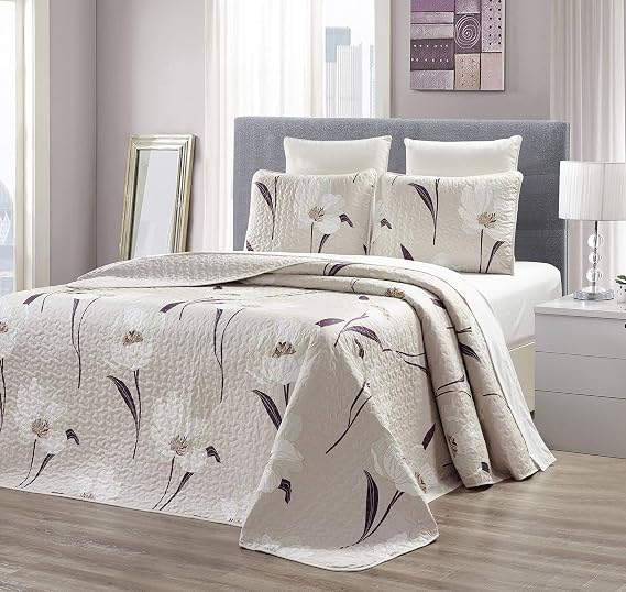 Grand Linen 3-Piece Oversized Queen Quilt Set - 100x95 Extra Wide Reversible Bedspread Coverlet with 2 Pillow Shams - Taupe Brown White Tulip Floral Pattern Bohemian Bedding Blanket for All Season