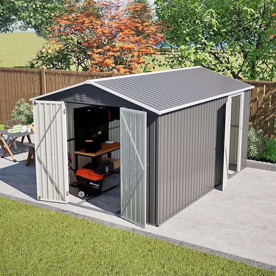 812 Ft Outdoor Storage Shed with Double Doors, Metal Shed with Frame Floor and Lockable Doors for Patio, Garden and Backyard