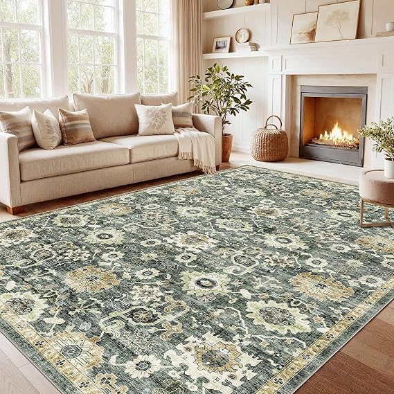 Amada 8x10 Washable Area Rug for Living Room, Green/Brown, Vintage Pattern
