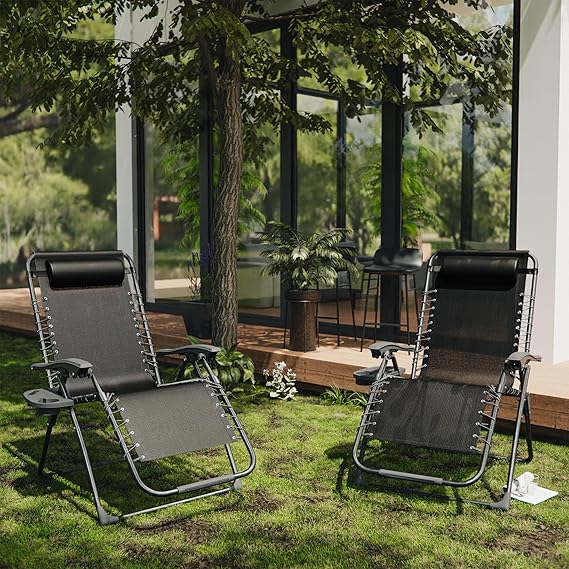 ALAULM Textilene Zero Gravity Chair Set of 2, 180kg Heavy Duty Folding Sun Lounger with Cup Holder, Reclining Garden Chair for Patio, Camping, Beach, Black