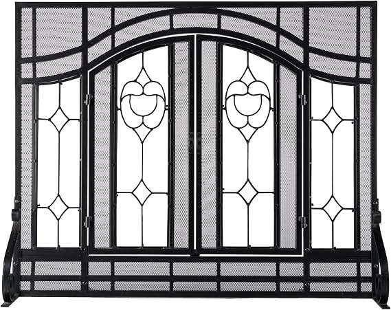 Plow & Hearth Metal Fireplace Screen Glass Floral Black | 38" W x 31" H | Dual Magnetic Hinged Doors | Spark Guard Cover | Stand Alone Wrought Iron Panel Fire Place Cover