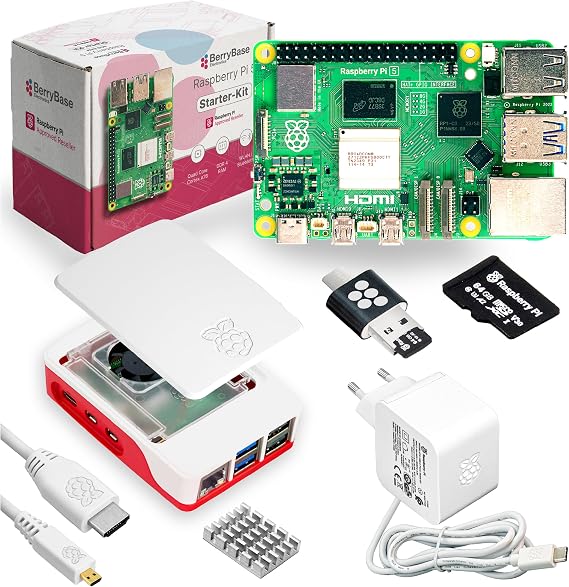 BerryBase Raspberry Pi 5 Starter Kit (1GB RAM) - Official Bundle with Case Power Supply 27W MicroSD (Pre-Installed with Raspberry Pi OS) HDMI Cable Card Reader & Gift Box