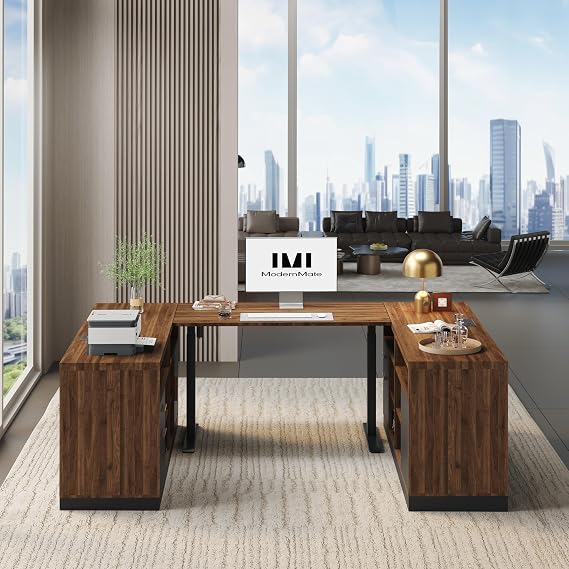 86" U Shaped Executive Standing Desk with File Cabinets | Home Office Furniture Set, Electric Height Adjustable Office Furniture Desk Sets with Drawer, AC/USB, Black Walnut