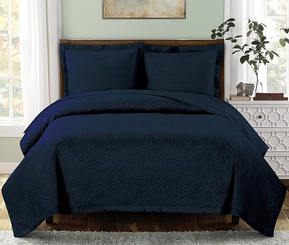 Royal Hotel Emerson Coverlet Set Full Queen Size Luxury Queen Quilt Bedspread, All Season Soft Filled Quilts, Breathable Bed Spread Lightweight Comforter, Embossed Print, Navy 3 Piece Bedding Set