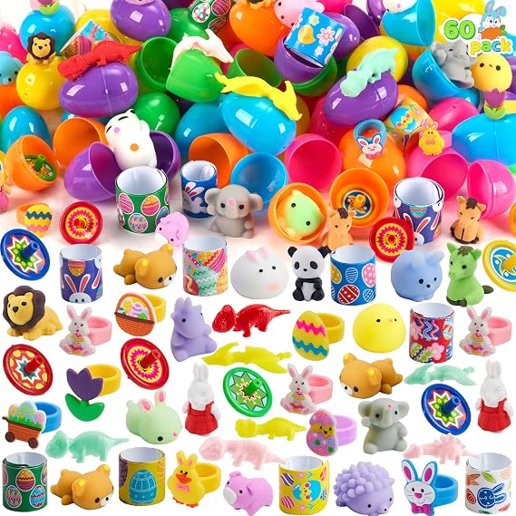 JOYIN 2.2' 60 PCS Prefilled Pastel Eggs with Assorted Toys, Stuffed Toys for Easter Egg Hunt, Kids Basket Stuffer Filler, Party Favor Decoration Supply, Classroom Prize, Easter Toys Bulk