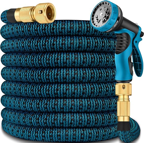 100ft Expandable Garden Hose Pipe, Flexible Water Hose w/10 Function Spray Gun & 2-in-1 Valve Quick Fittings, Lightweight, Durable, Kink-Free, Heavy Duty Expanding Hosepipes for Garden(Blue Black)