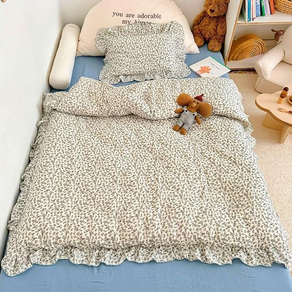 BuLuTu Girls Boys Toddler Bed Duvet Cover with Ruffles, Blue Floral Print