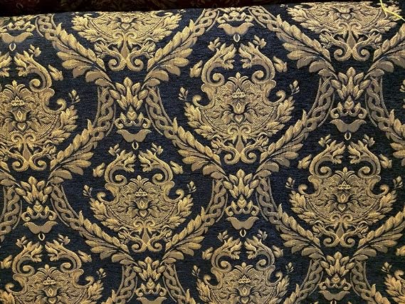 Chenille Baroque Upholstery, Damask Tapestry Chenille Fabric - Upholstery Fabric, Black/Gold 58" Width - Sold by The Yard.