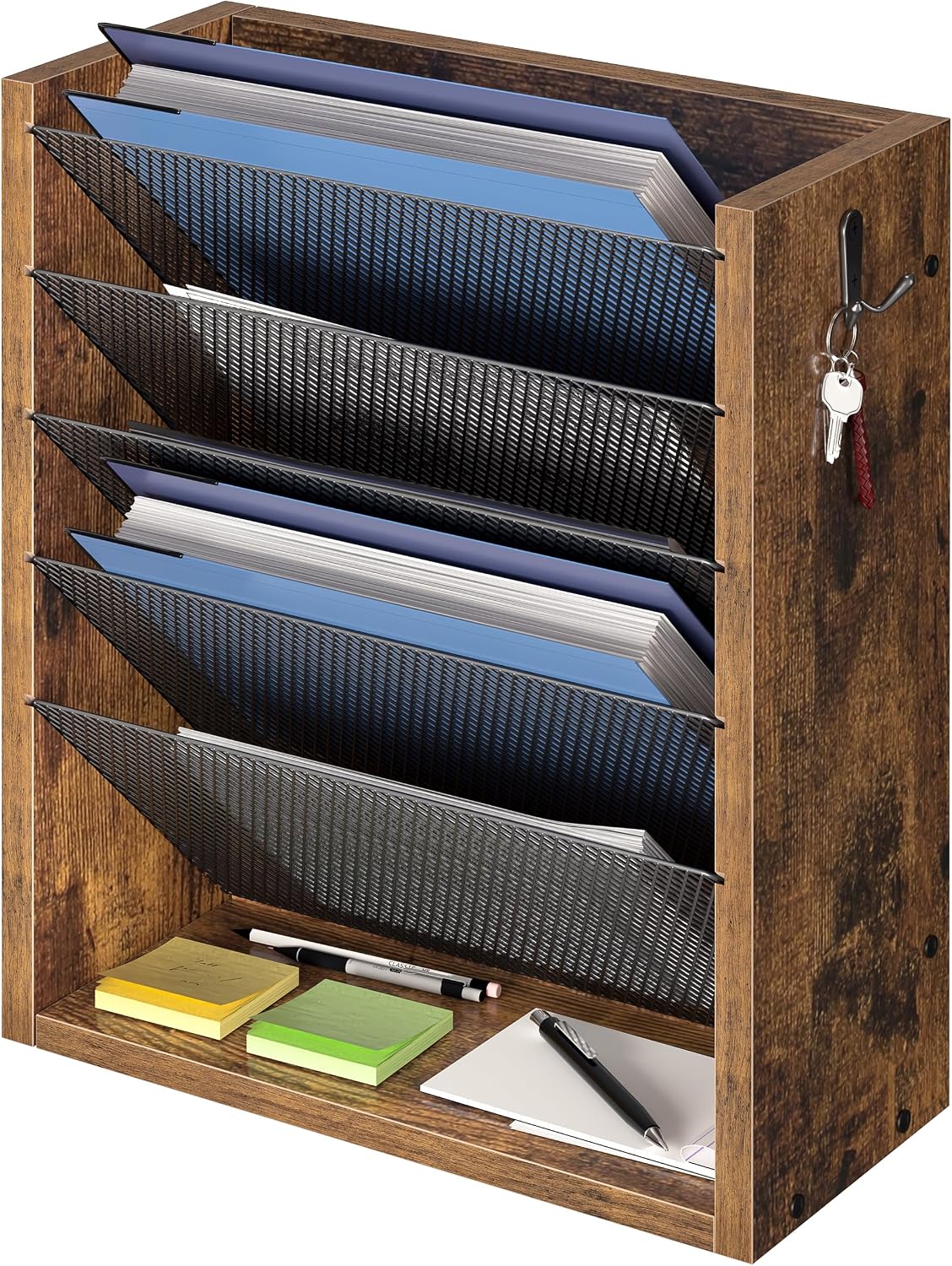 Creso hom Hanging Wall File Organizer, 6 Tier Wood Wall File Holder with 2 Hooks, Mail Organizer Wall Mounted with Bottom Flat Tray, Vertical Paper Desk Storage for Office, Home, Rustic Brown