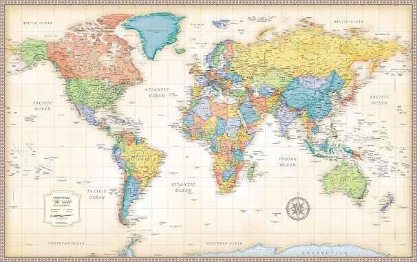Rand McNally Classic Edition World Wall Map 50" x 32" Laminated, Rolled World Map with Antique-Style Accents, Color-Matched Topographical Relief and an Africa-Centered Projection: 50" x 32" Laminated Rolled World Wall Map with Antique-Style Accents and Color-Matched Topographical Relief Africa-Centered Projection Showing Every Country Intact, Home / Office / Classroom