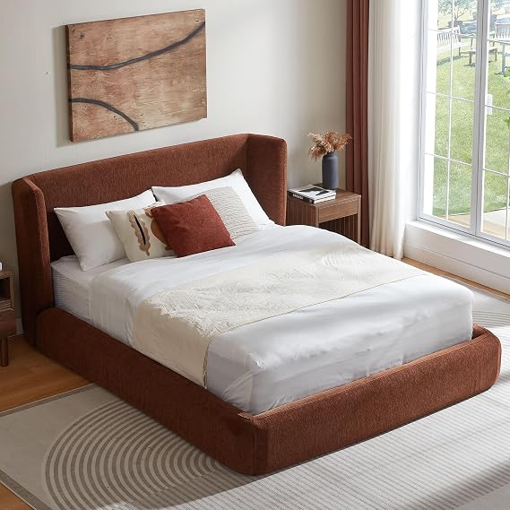 (New) Cloud Bed Frame Queen & Soft Bed Frame (Brown, Queen, C) | Chenille Upholstered, Metal Slats,Marshmallow, Modern, Foam Filling, No Box Spring Needed