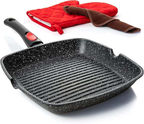 Moss & Stone Grill Pan for Indoor Cooking 11Inch Nonstick Square Grill Pan | RV Induction Griddle Pan with Removable Handle for Gas, Electric & Ceramic Stovetops, Oven Safe Skillet with Pour Spouts