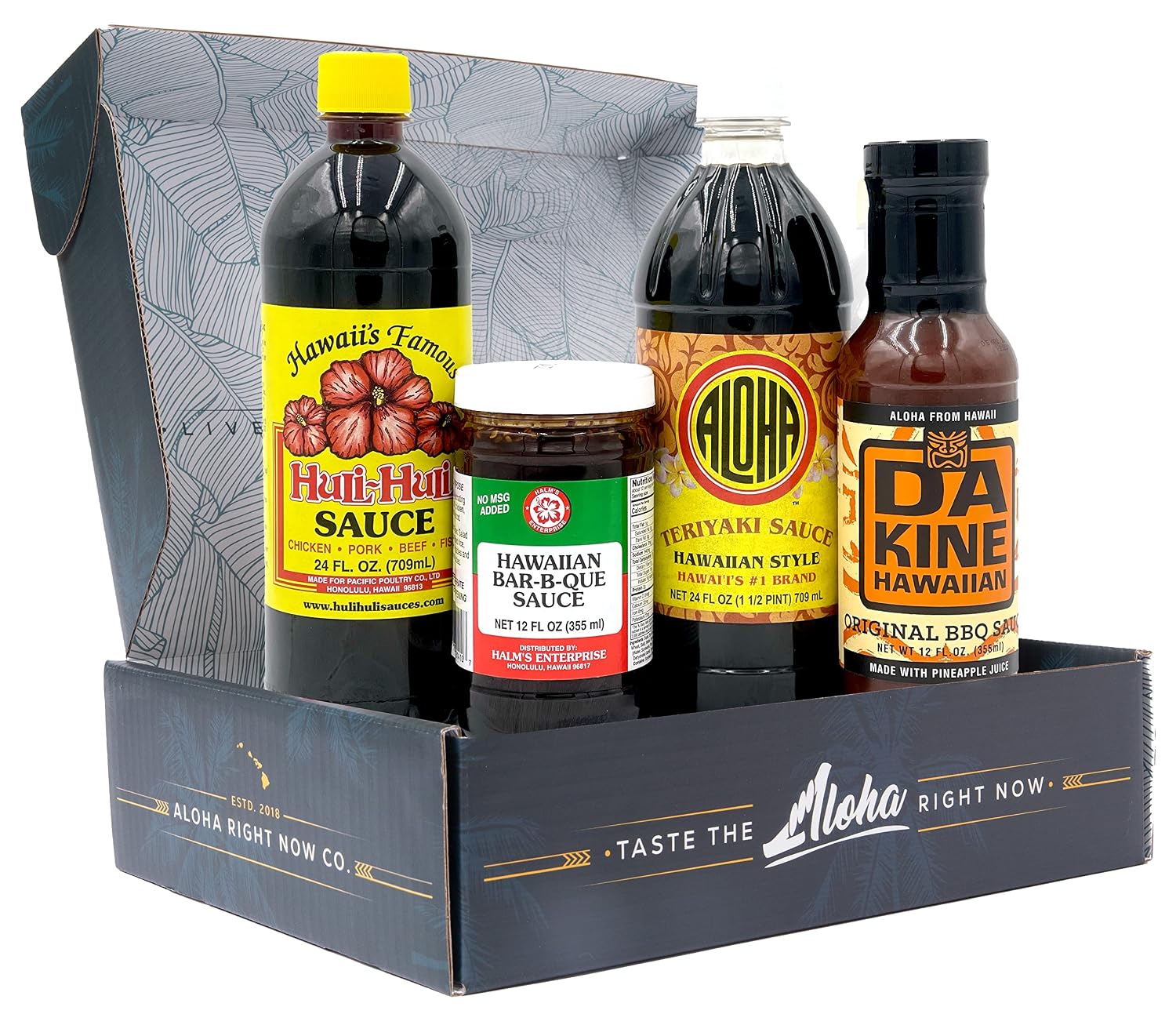 Aloha Right Now Hawaiian BBQ Sauce Sampler Box - Huli-Huli Sauce - Da Kine Hawaiian Barbeque Sauce - Halm's BBQ Sauce - Aloha Teriyaki Sauce