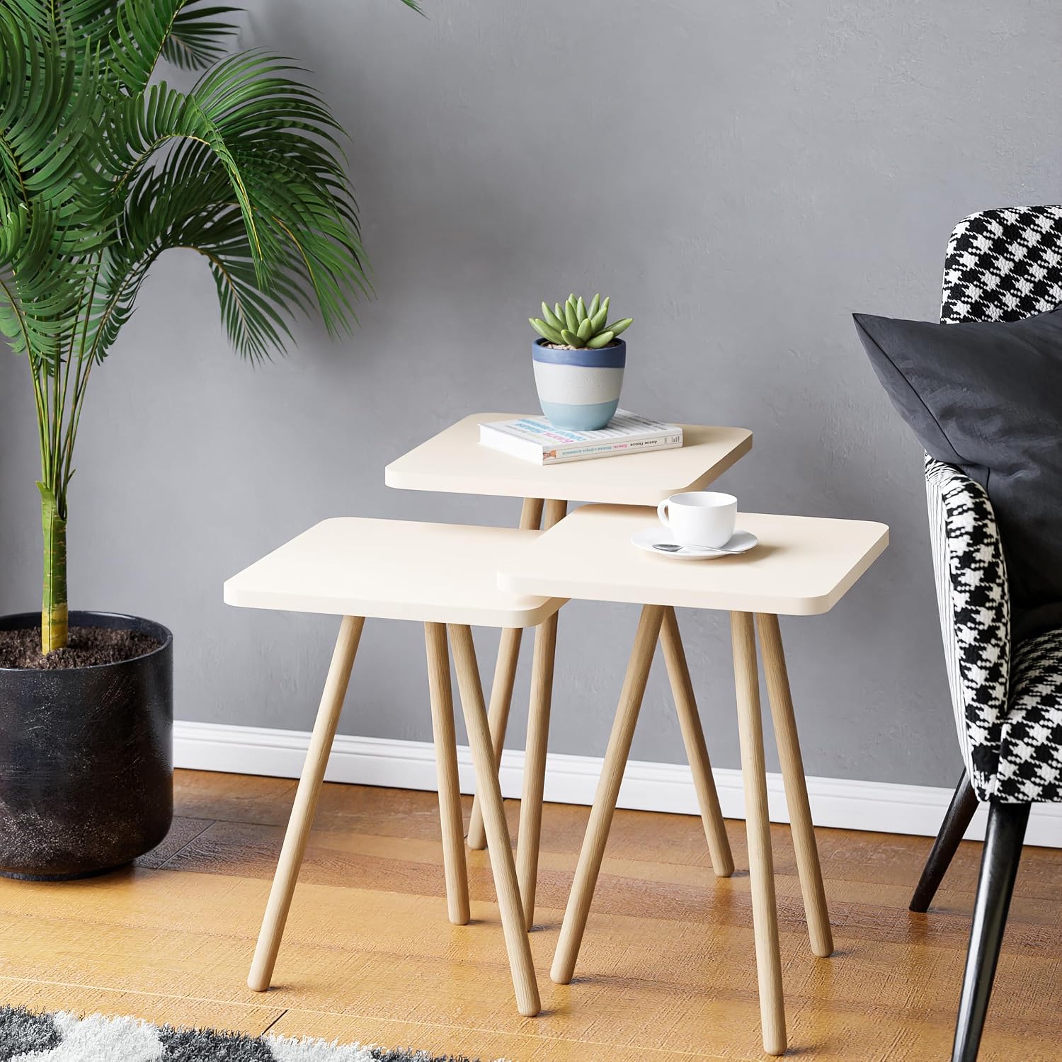 interGO-Triple Zigon Coffee Table Square Design with Wooden Legs (Cream)