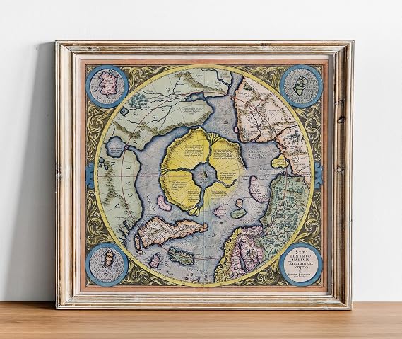 Mercators 1595 Iconic Flat Earth Map of the North Pole Regions Septentrionalium Terrarum - Wall Art Poster Present Gift - Ancient Old Vintage Antique Look - Classroom Decor Unframed (16"x17 Inches)