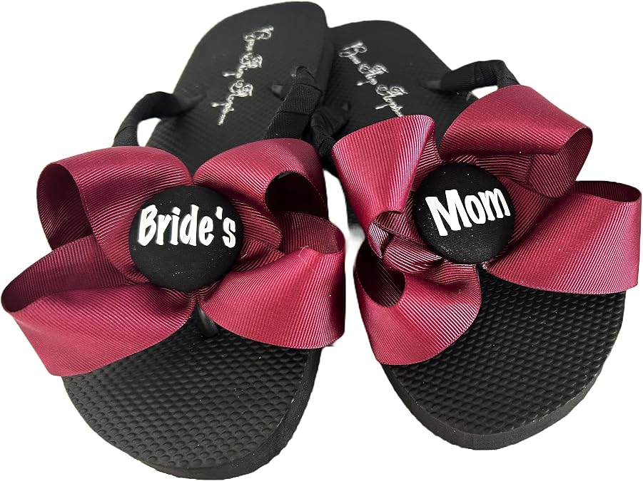 Wedding Party Flip Flops, Bride's Mom or Mother of Groom, Burgundy Black and White, Bridal Party Shoes
