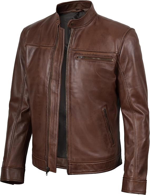 Decrum Men's Cafe Racer Style Lambskin Leather Jacket