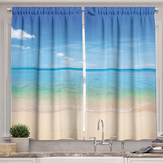 Ambesonne Ocean Kitchen Curtains, Island Seashore Beach Sandy Photo with Clear Sunny Open Skyline Image, Window Drapes 2 Panel Set for Kitchen Cafe Decor, 55" X 39", Cream Sky Blue Turquoise
