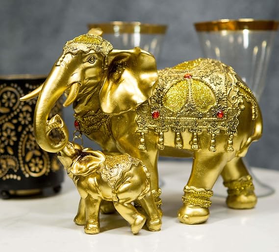 Ebros Gift Thai Buddhism Decorated Golden Elephant with Calf Family Statue 8.25" Long Feng Shui Auspicious Animal Elephants Figurine