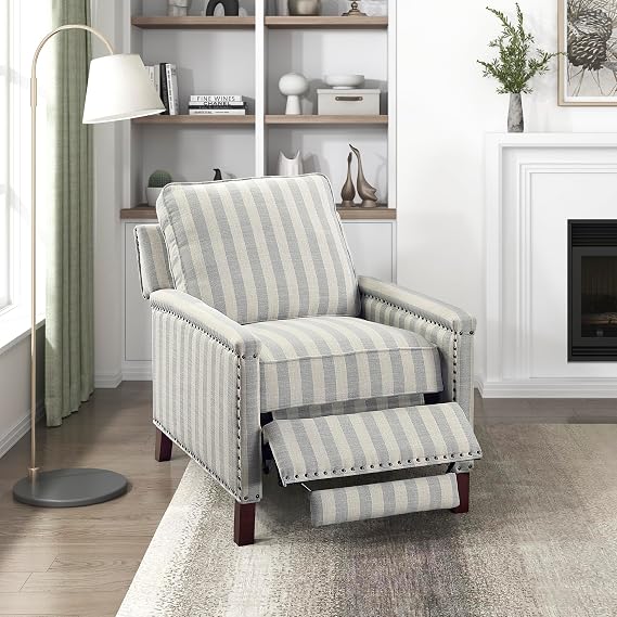 Lexicon Pushback Recliner Chair, Striped Textured Fabric Accent Armchair, Push Back Recliner, Nailhead Trim, Solid Wood Legs, Easy Assembly, for Living Room/Office/Apartment, Beige/Grayish Blue