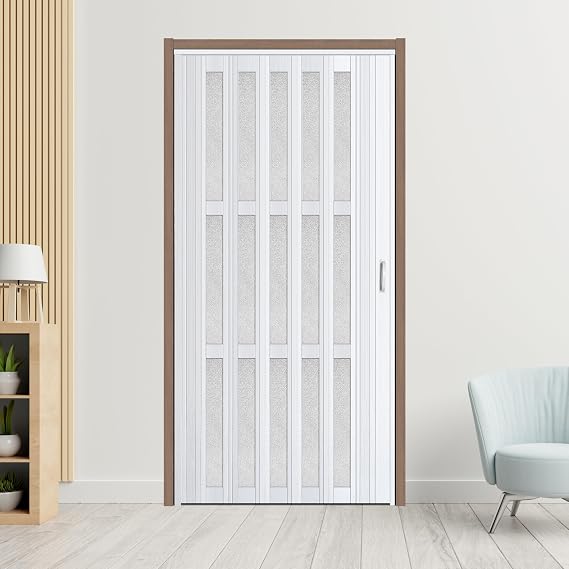 CCBOYSHARDWARE 48" x 80" Accordion Door with Frosted Window and Lock, White