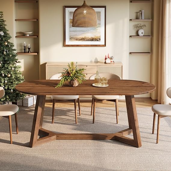 Solid Wood Oval Dining Table for 4-6, 63-Inch Wooden Modern Kitchen Table with Sturdy Tapered Legs for Living Room, Dining Room,Office (Rustic Brown)