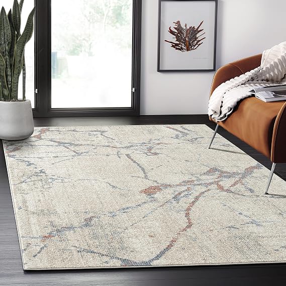 Abani Beige, Blue & Orange Marble Pattern 5'3" x 7'6" (5x8) Area Rug - Vintage Fractured Design Living Room Carpet Rugs