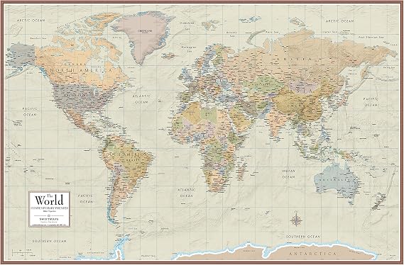 47" x 77" Huge World Contemporary Premier Wall Map Laminated