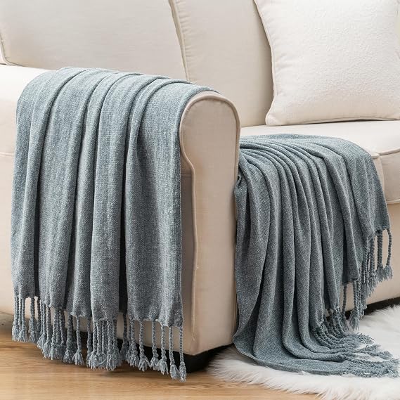 BATTILO HOME Dusty Blue Chenille Throw Blanket for Couch, Soft Cozy Textured Knit Throw Blanket with Handmade Fringe Tassels, Lightweight Decorative Farmhouse Blanket for Sofa Bed Chair, 50"x60"
