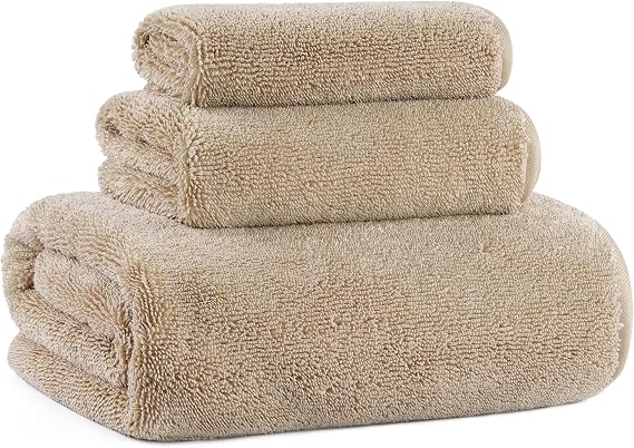 MICROFI Ring Spun Terry Microfiber Bath Towel Set, 3 Piece, Oversize, Quick Dry, Lint Free, Includes Bath, face, and Hand Towels (Beige)