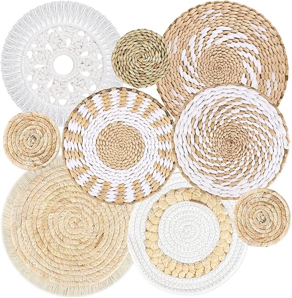 MJOGGOTT 9 Pcs Boho Wall Basket Decor Hanging Woven Wall Basket Art Decor Rattan Wicker Seagrass Home Round Tassels White Macrame Tapestry Baskets Decoration for Kitchen Home Farmhouse Decoration