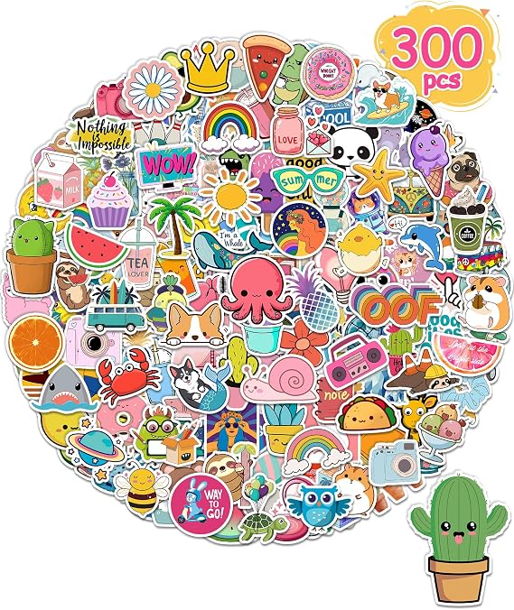 300 Pcs Stickers for Kids, Cute Vinyl Waterproof Stickers for Water Bottle