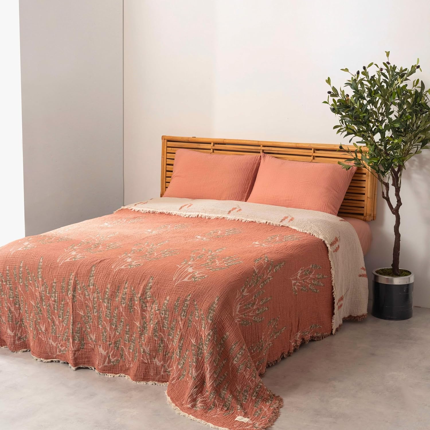 Desenli Dekoratif Çok Amaçlı Müslin Pike ve Yatak Örtüleri, 100% Pamuk 4 Katlı Kaliteli Yumuşak Şık Müslin Yazlık Pike Lavanta Kiremit, Çift Kişilik 220x240 cm