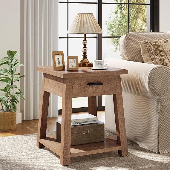 Tribesigns Farmhouse Square Side Table, 2 -Tier Wooden End Table with Drawer, Rustic Nightstands with Shelf Storage for Living Room, Bedroom, Office and Small Spaces