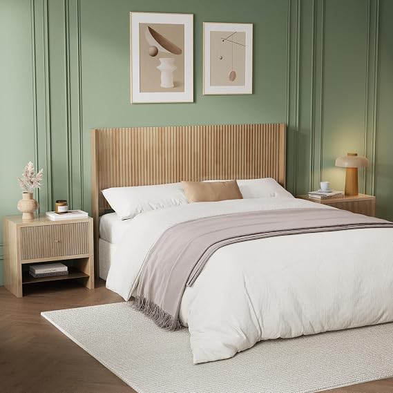 King Headboard Only, 64.6" Wide Wood Headboard King Size, Modern Farmhouse Headboards, Wall Mounted Fluted Panel, Wingback Boho Headboards, Natural