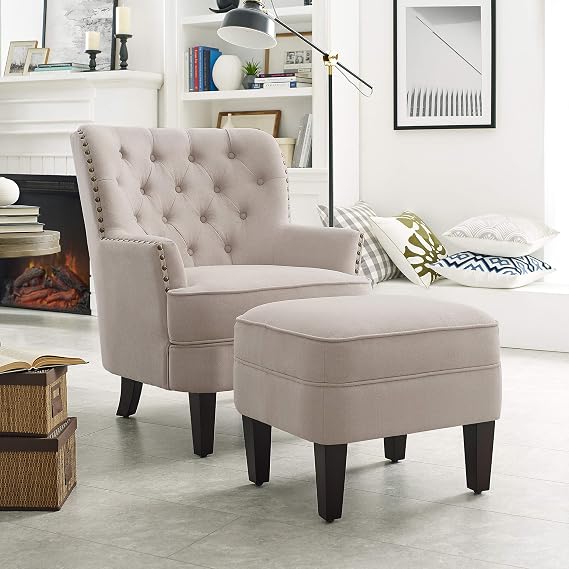 Rosevara McCarthy Accent Chairs with Ottoman,Upholstered Armchair,Fabric Comfy Reading Seat Lounge for Living Room Bedroom Apartment,Easy Assembly, Pearl Beige