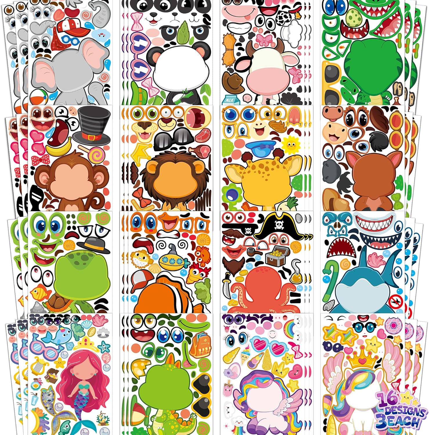 Funnlot Animal Stickers for Children,48 Sheets Make a Face Stickers with Dinosaur Unicorn Reusable Sticker Book Make Your Own Animal Face Sticker for Party Bag Fillers School Activities Kids Crafts