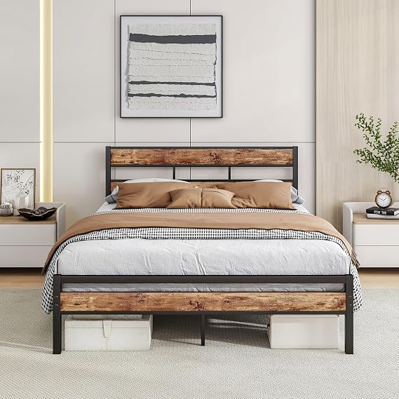 HOJINLINERO Double Bed Frame with Wooden Headboard,Heavy Duty Metal Platform Bed Frame Double Bed,Mattress Bed Base,Metal Slat Support,Under Bed Storage,Solid Double Beds,Black+Rustic Brown