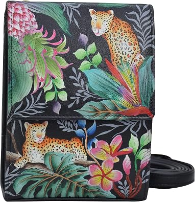 Anuschka Hand Painted Womens Genuine Leather Triple Compartment Crossbody Organizer - Flap Open Entry & Card Holders
