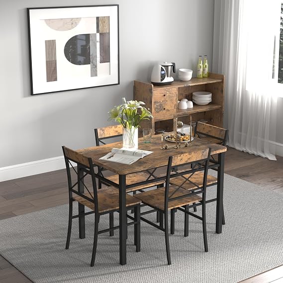 4-Piece Dining Set for Small Spaces - Compact Kitchen Table with Chairs, Rustic Brown Industrial Wood Grain Finish, Easy Assembly & Space Saving Design