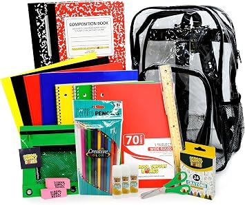 School Supply Boxes | 17" Clear Backpack Bundle for Elementary School | Back to School Bookbag with Supplies | Contains Crayons, Colored Pencils, Ruler, Disappearing Glue, Notebooks, More