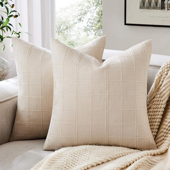 Linen Checked Throw Pillow Covers Set of 2, 16x16 Inch Allover Grid Beige, Farmhouse Decorative Double Sided Grid Embroidered Couch Pillow Cases Beige Cotton Linen Cushion Covers