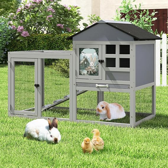 48 L Large Rabbit Hutch Outdoor Indoor, Expandable 2-Story Wooden Bunny Cage with Run, Removale Tray, 3 Entrances, Grey  Colorful Pattern