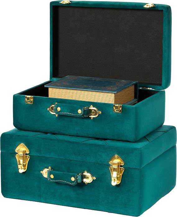 Vintiquewise Decorative Tufted Velvet Suitcase Treasure Chest Set of 2, Green