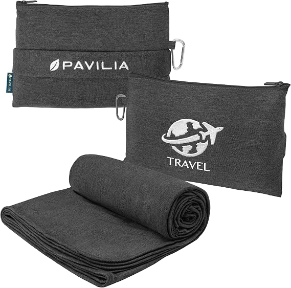 PAVILIA Travel Blanket Airplane Compact Pillow with Bag for Flights, Black