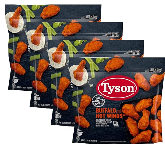 Tyson Fully Cooked Bone-In Buffalo Style Hot Chicken Wings - Coated with Flavorful Hot and Tangy Sauce - Ready Set Gourmet Donate a Meal Program - 4 Pack (64 oz Each)