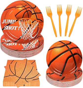 100PCS Basketball Paper Plates and Napkins Basketball Birthday Party Supplies Disposable Party Plates Napkins Forks Tableware Set for Boys Kids Birthday Party Decorations Serves 25